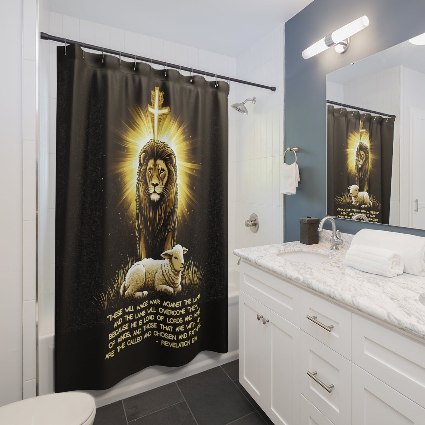 THE LION & THE LAMB:  100% Polyester Christian Shower Curtain - FREE SHIPPING