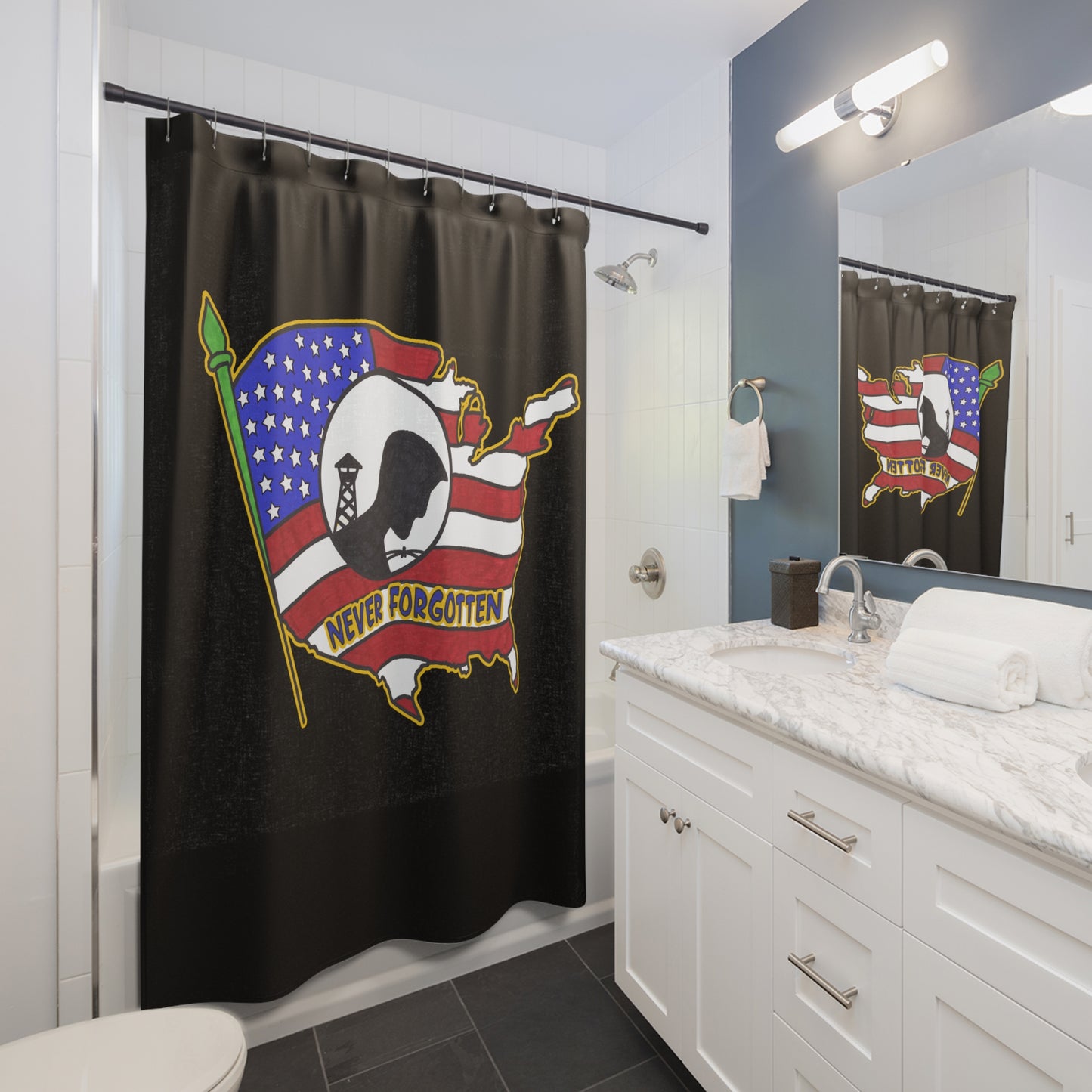 NEVER FORGOTTEN:  100% Polyester Patriotic Military Shower Curtain - FREE SHIPPING