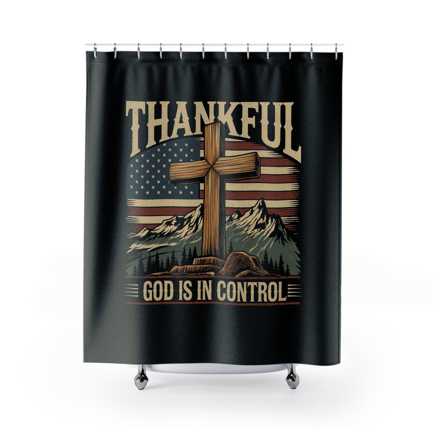 GOD IS IN CONTROL:  100% Polyester Patriotic Christian Shower Curtain - FREE SHIPPING