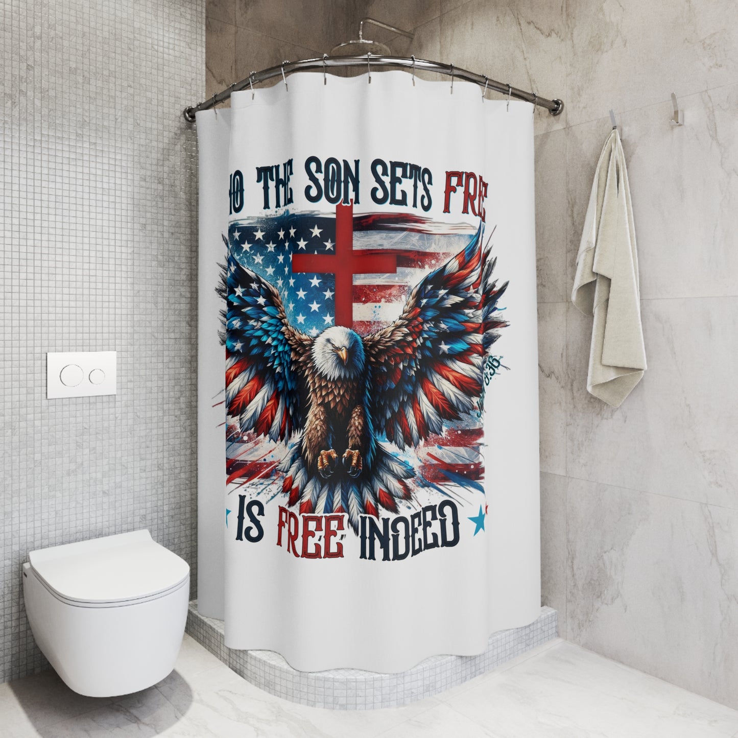 FREE INDEED:  100% Polyester Patriotic Christian Shower Curtain - FREE SHIPPING