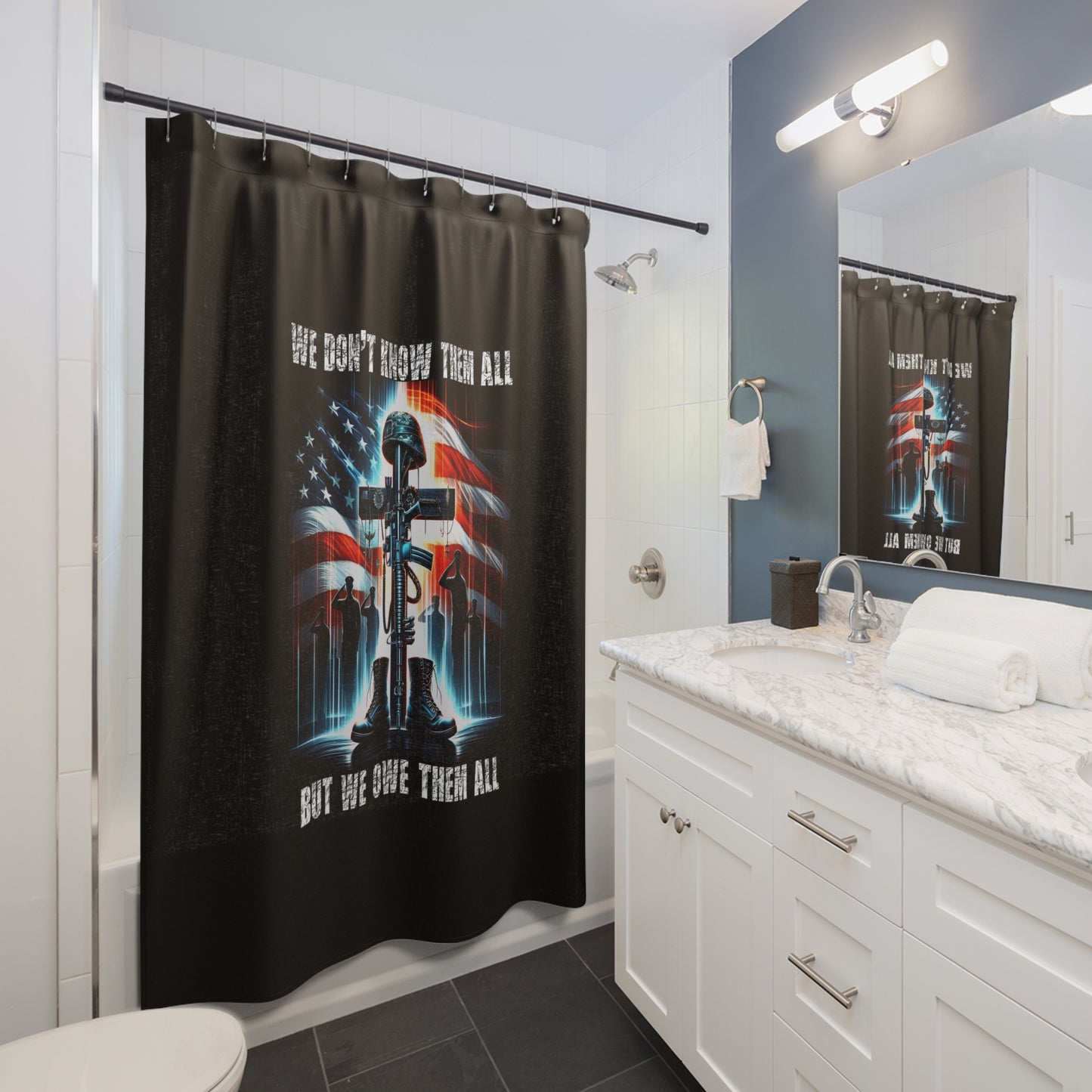 WE OWE THEM ALL:  100% Polyester Patriotic Christian Shower Curtain - FREE SHIPPING