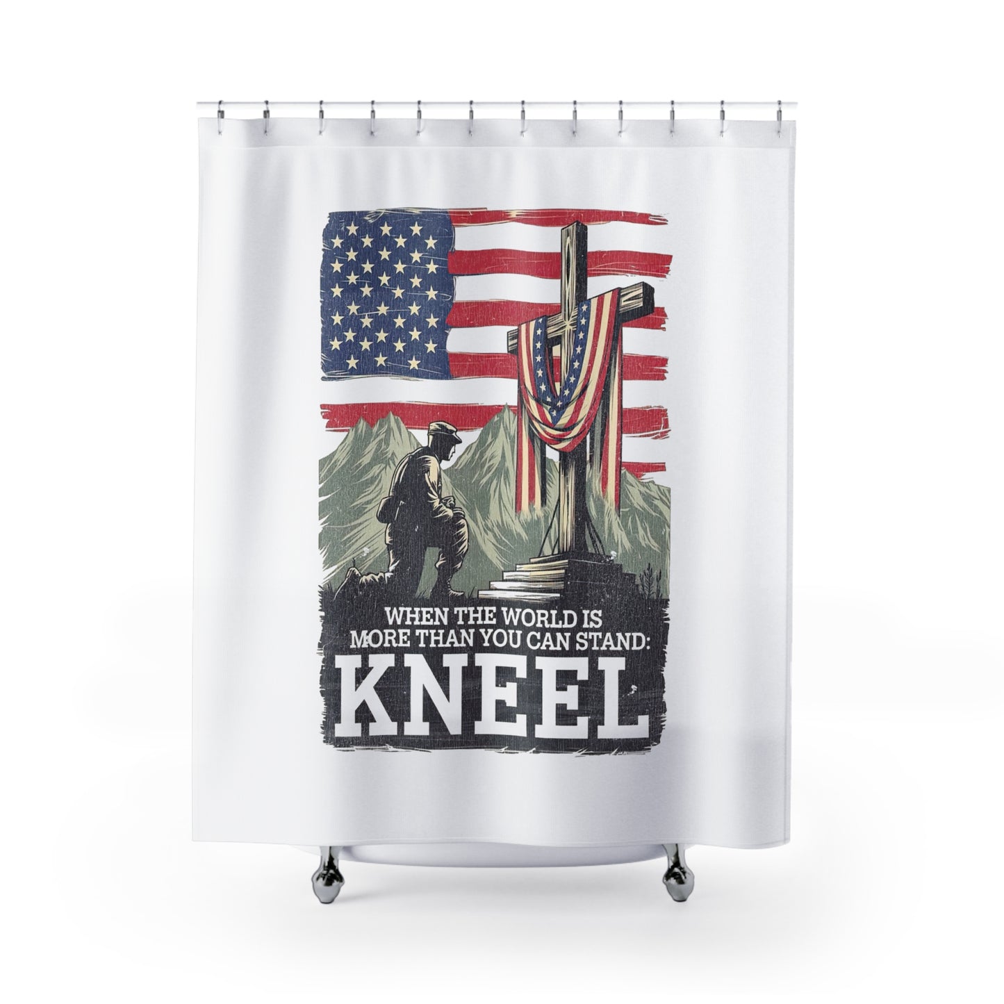 JUST KNEEL:  100% Polyester Patriotic Christian Shower Curtain - FREE SHIPPING