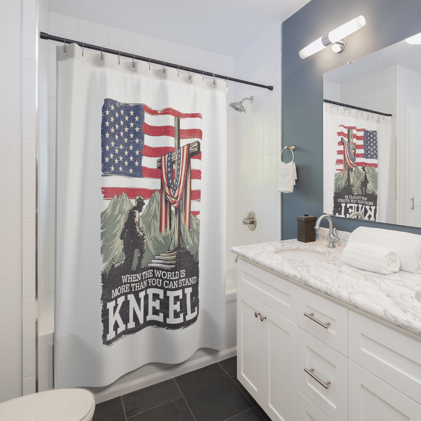 JUST KNEEL:  100% Polyester Patriotic Christian Shower Curtain - FREE SHIPPING