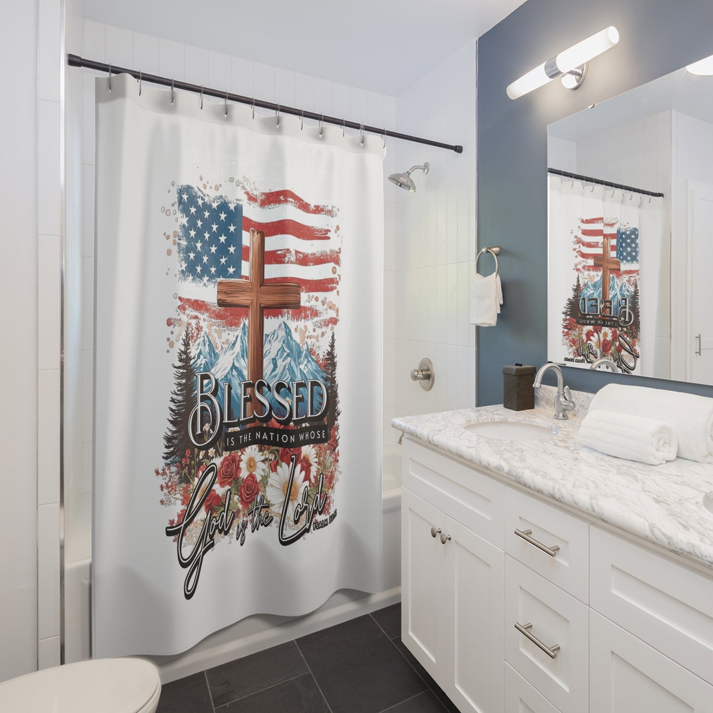 BLESSED IS THE NATION:  100% Polyester Patriotic Christian Shower Curtain - FREE SHIPPING