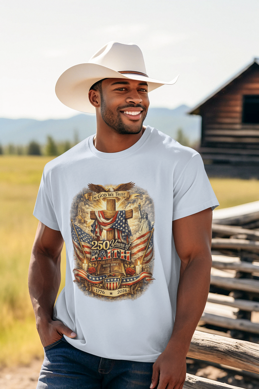 250yrs OF FAITH Patriotic Christian T-Shirt (S-5XL):  Men's Medium Weight Gildan 5000 - FREE SHIPPING
