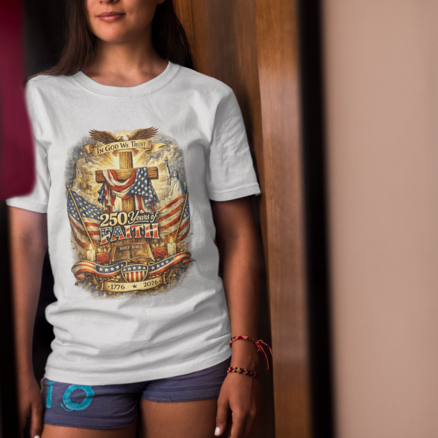 250yrs OF FAITH Classic Patriotic Christian T-Shirt (S-5XL):  Women's Medium Weight Gildan 5000 - FREE SHIPPING