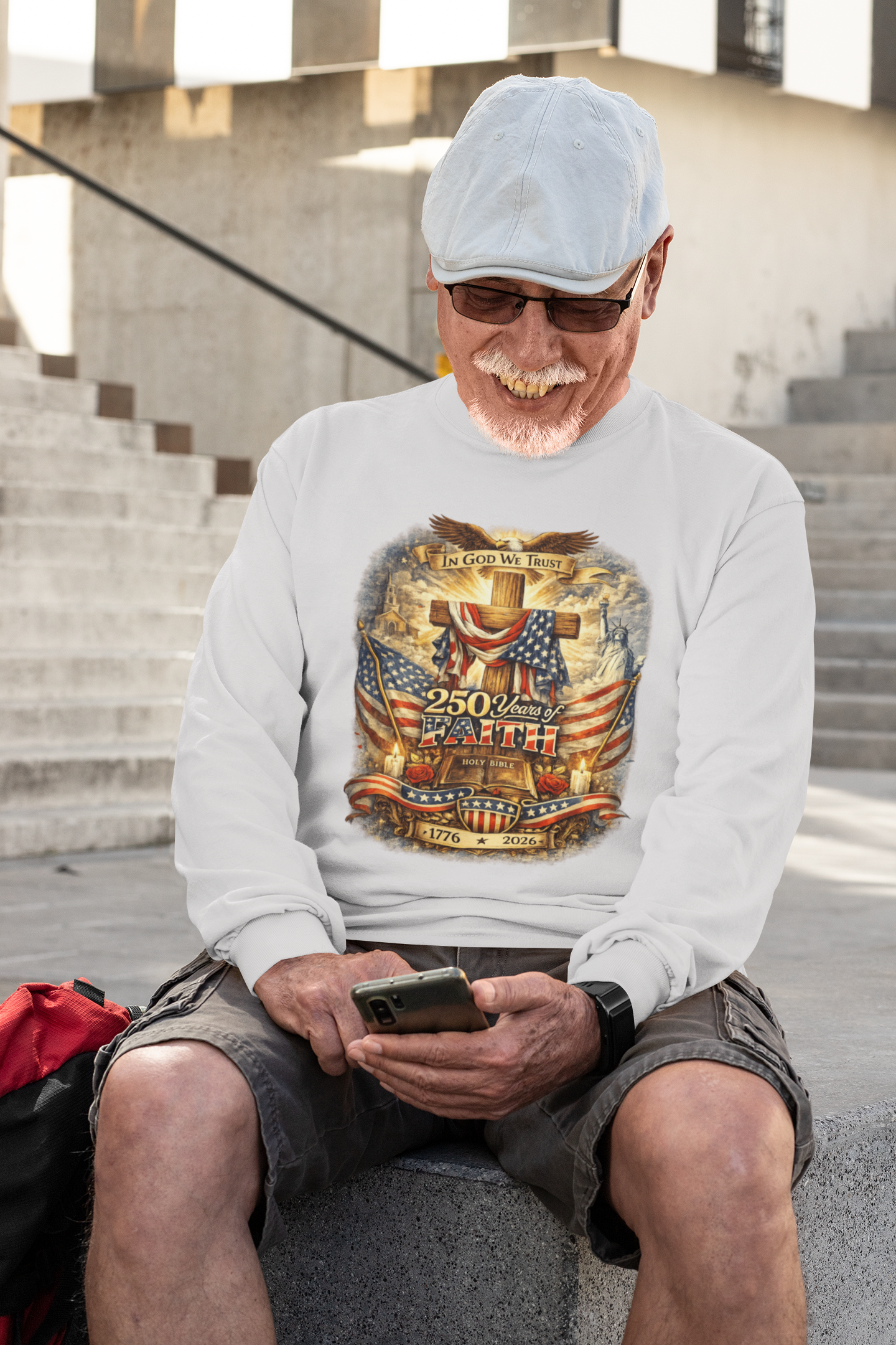 . 250yrs OF FAITH Heavy Weight Patriotic Christian Long Sleeve T-Shirt (S-2XL):  Men's Gildan 2400 - FREE SHIPPING