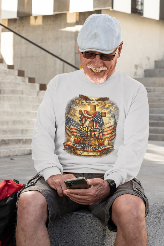 . 250yrs OF FAITH Heavy Weight Patriotic Christian Long Sleeve T-Shirt (S-2XL):  Men's Gildan 2400 - FREE SHIPPING