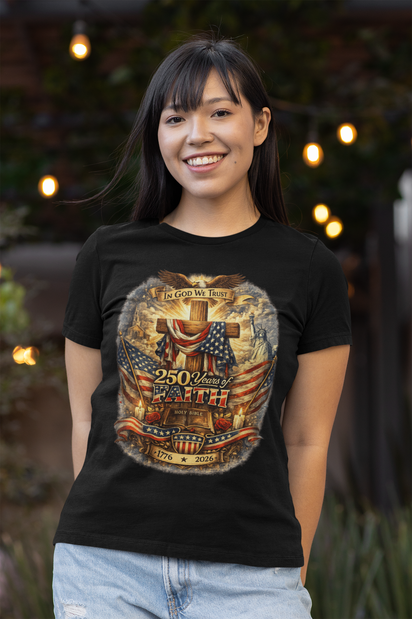 250yrs OF FAITH Fitted Patriotic Christian T-Shirt (S-2XL):  Women's Bella+Canvas 6004 - FREE SHIPPING