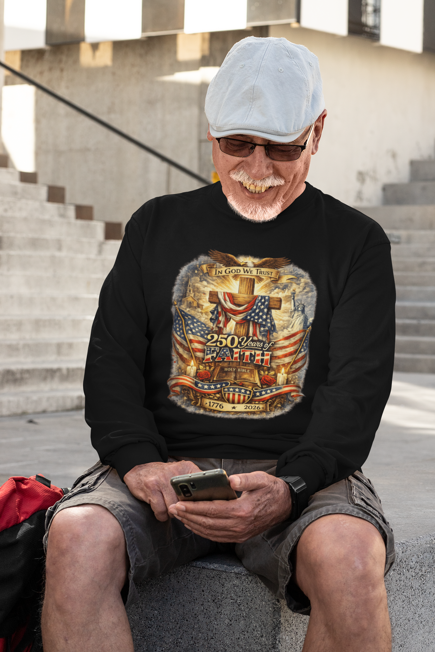 . 250yrs OF FAITH Heavy Weight Patriotic Christian Long Sleeve T-Shirt (S-2XL):  Men's Gildan 2400 - FREE SHIPPING