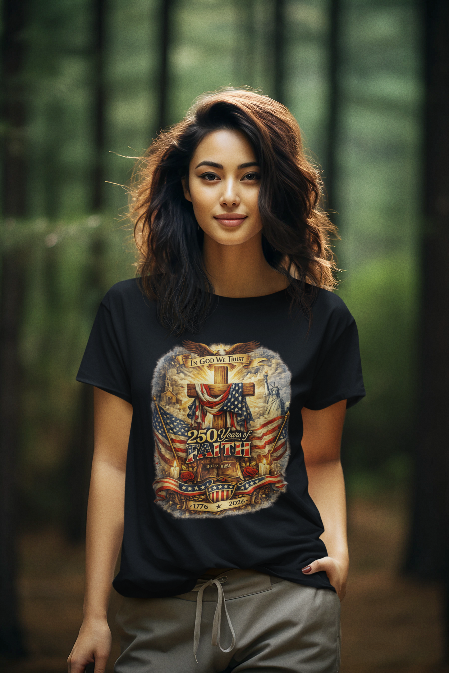 250yrs OF FAITH Semi-Fitted Patriotic Christian T-Shirt (S-3XL):  Women's Gildan 5000L - FREE SHIPPING