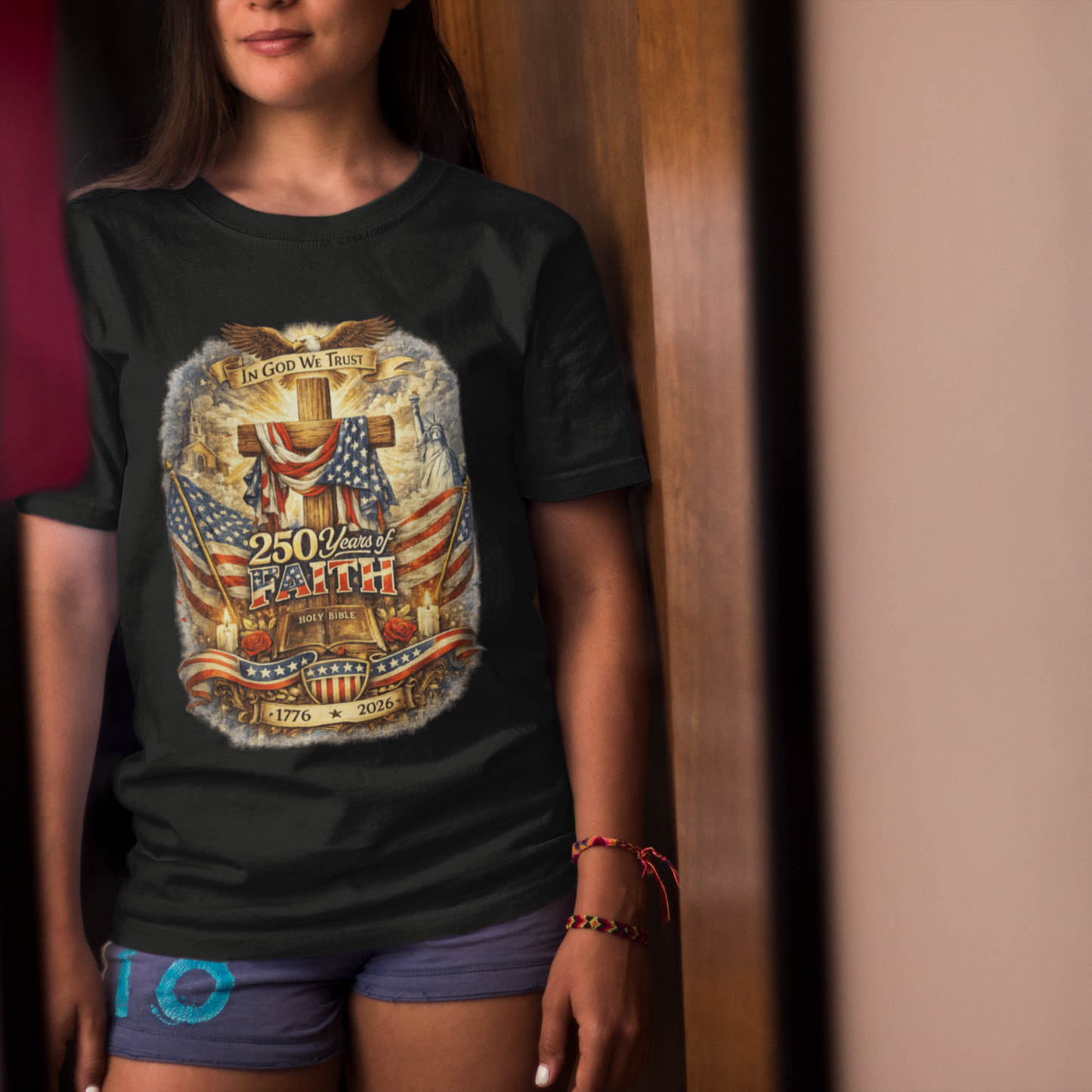 250yrs OF FAITH Classic Patriotic Christian T-Shirt (S-5XL):  Women's Medium Weight Gildan 5000 - FREE SHIPPING