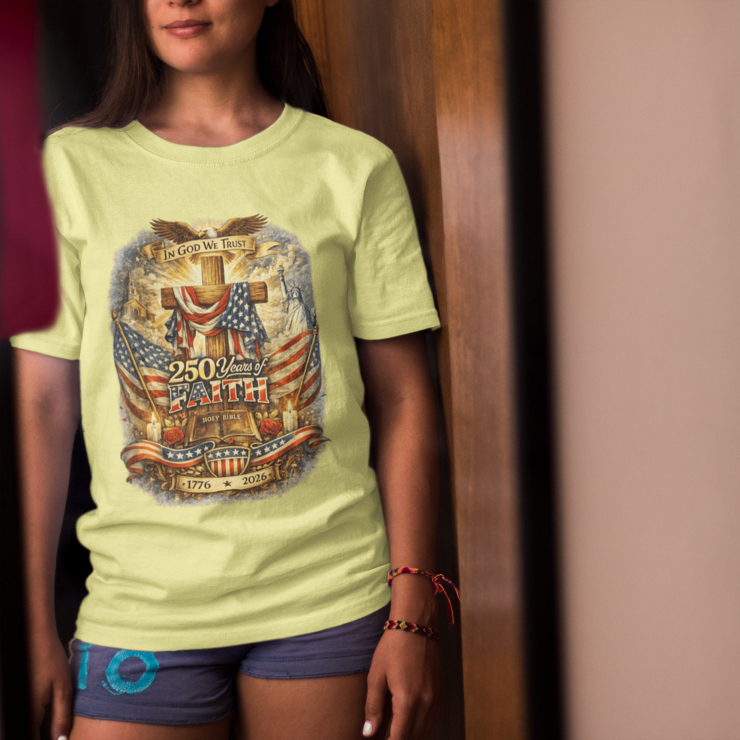 250yrs OF FAITH Classic Patriotic Christian T-Shirt (S-5XL):  Women's Medium Weight Gildan 5000 - FREE SHIPPING