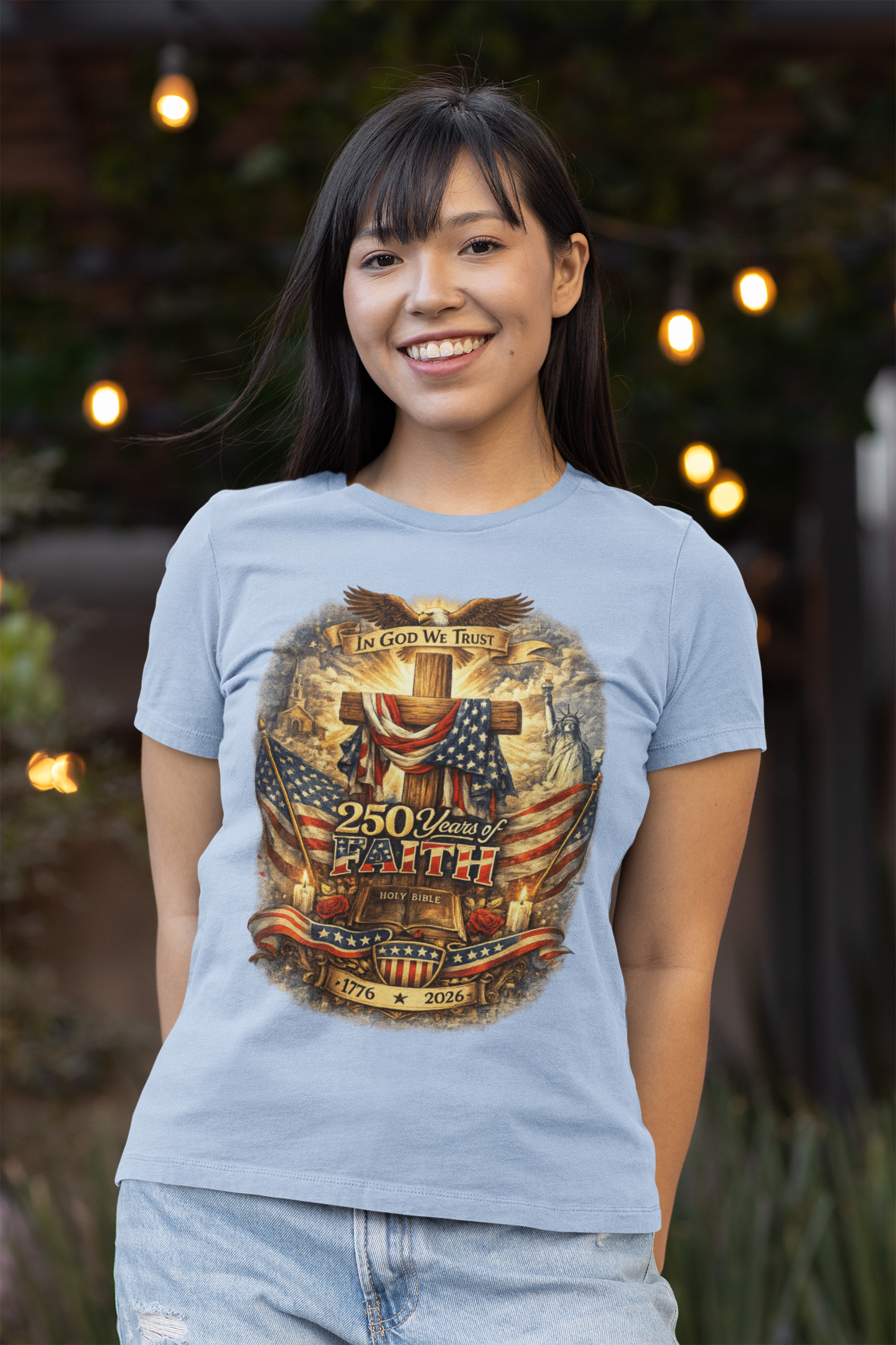 250yrs OF FAITH Fitted Patriotic Christian T-Shirt (S-2XL):  Women's Bella+Canvas 6004 - FREE SHIPPING