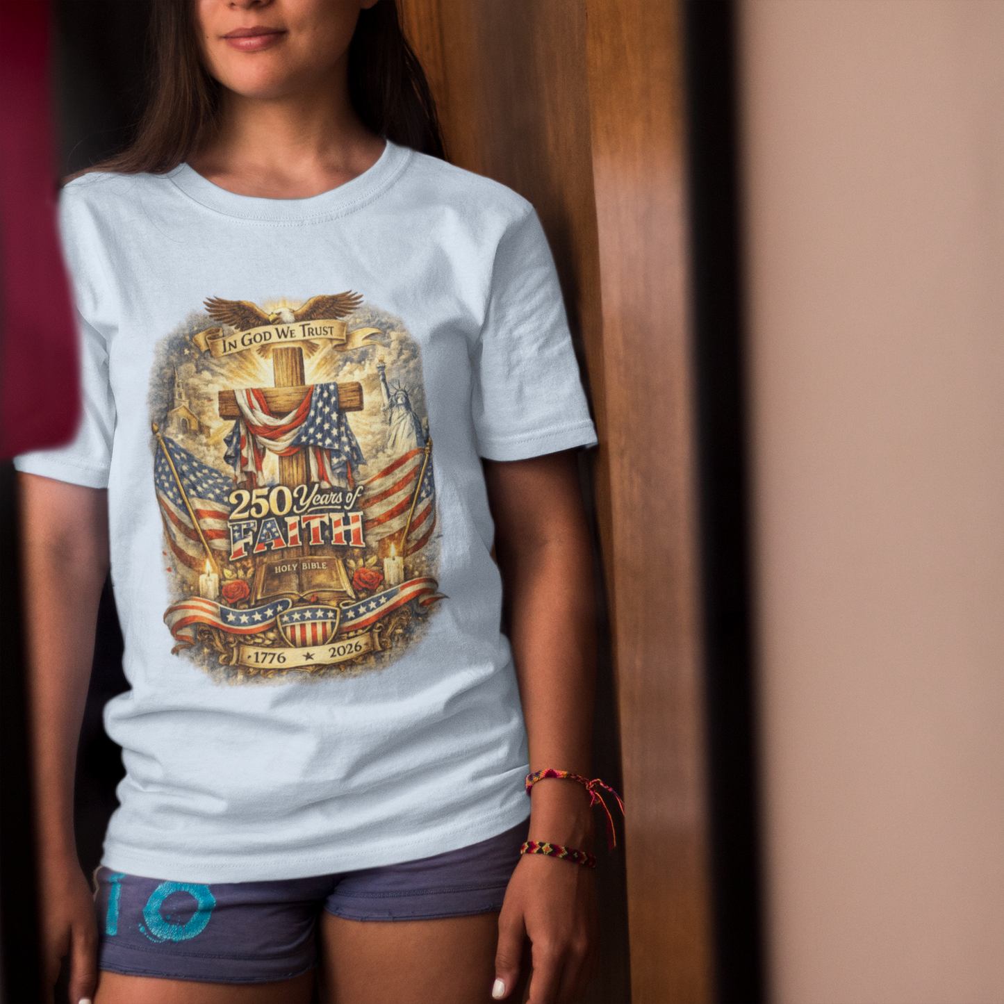 250yrs OF FAITH Classic Patriotic Christian T-Shirt (S-5XL):  Women's Medium Weight Gildan 5000 - FREE SHIPPING