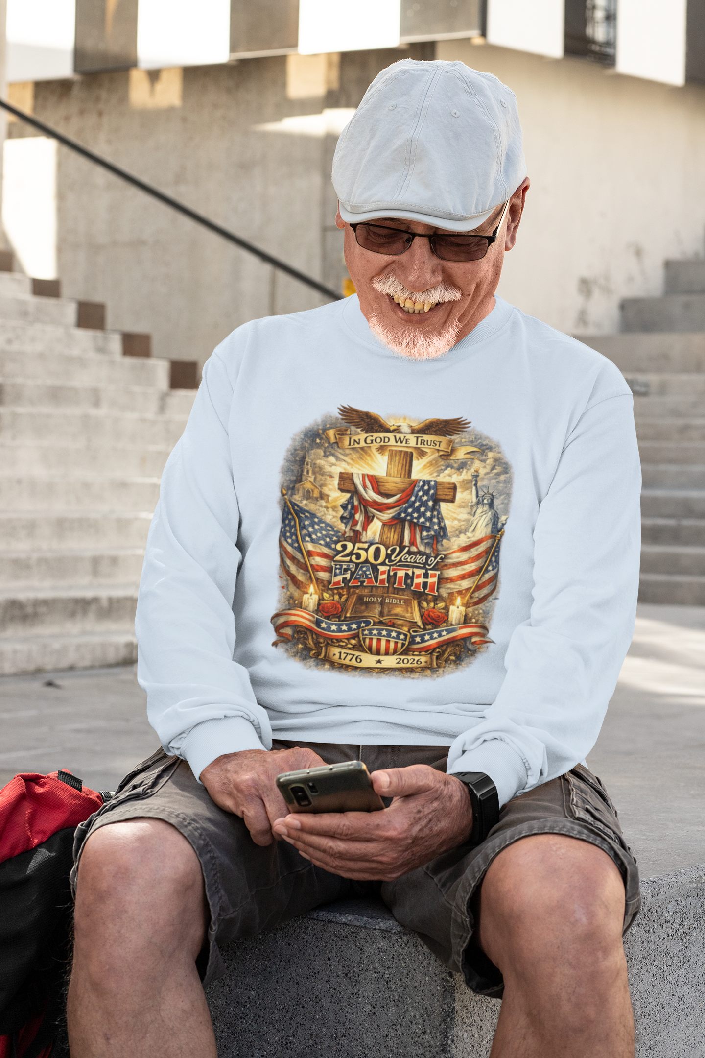 . 250yrs OF FAITH Heavy Weight Patriotic Christian Long Sleeve T-Shirt (S-2XL):  Men's Gildan 2400 - FREE SHIPPING