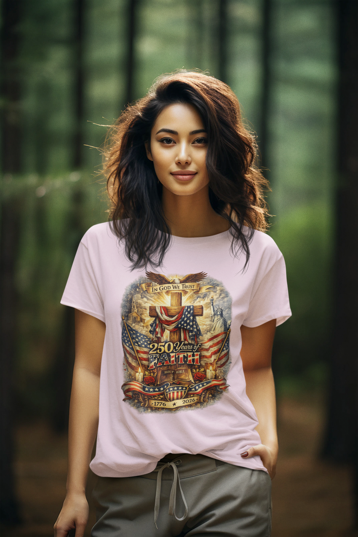 250yrs OF FAITH Semi-Fitted Patriotic Christian T-Shirt (S-3XL):  Women's Gildan 5000L - FREE SHIPPING