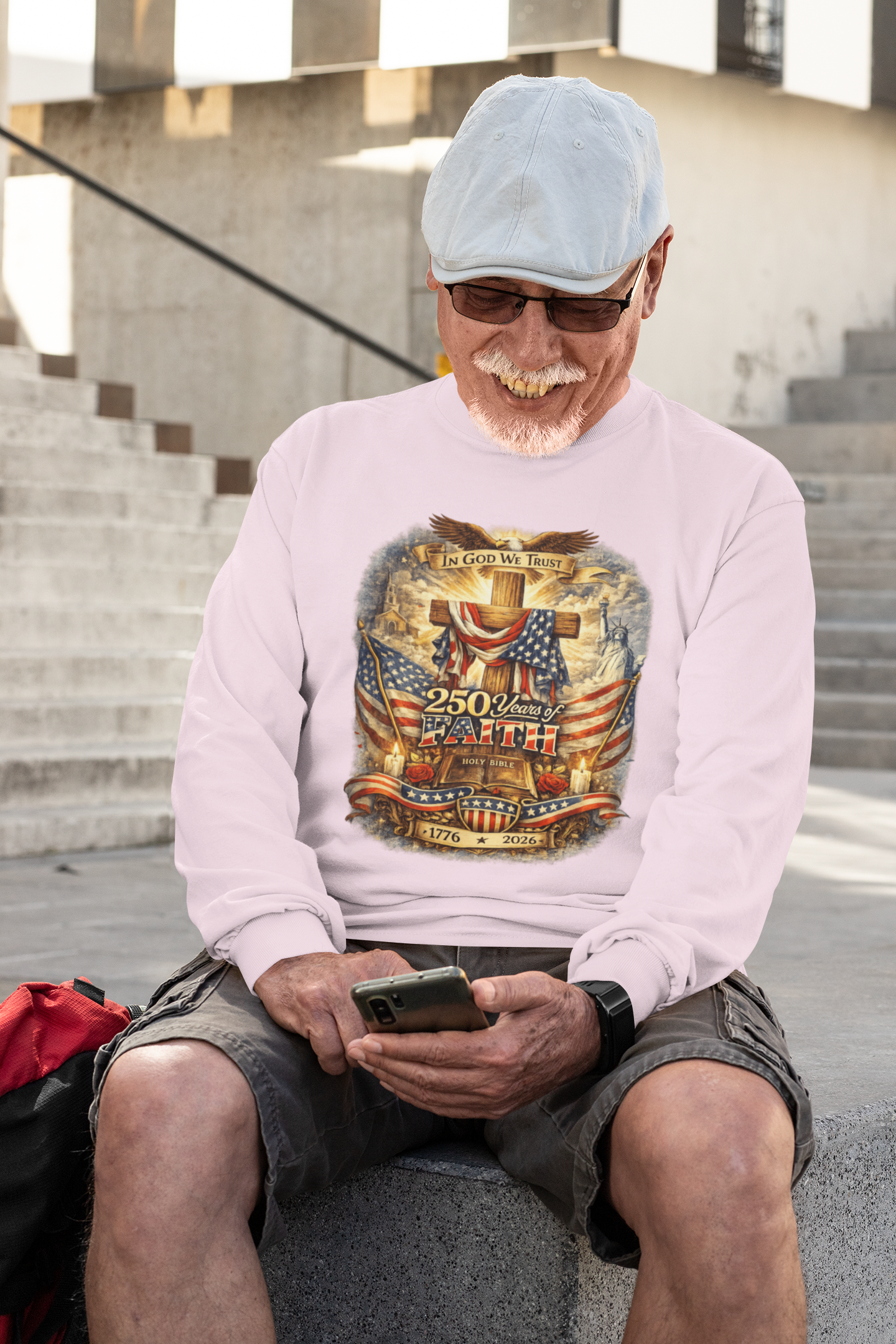 . 250yrs OF FAITH Heavy Weight Patriotic Christian Long Sleeve T-Shirt (S-2XL):  Men's Gildan 2400 - FREE SHIPPING