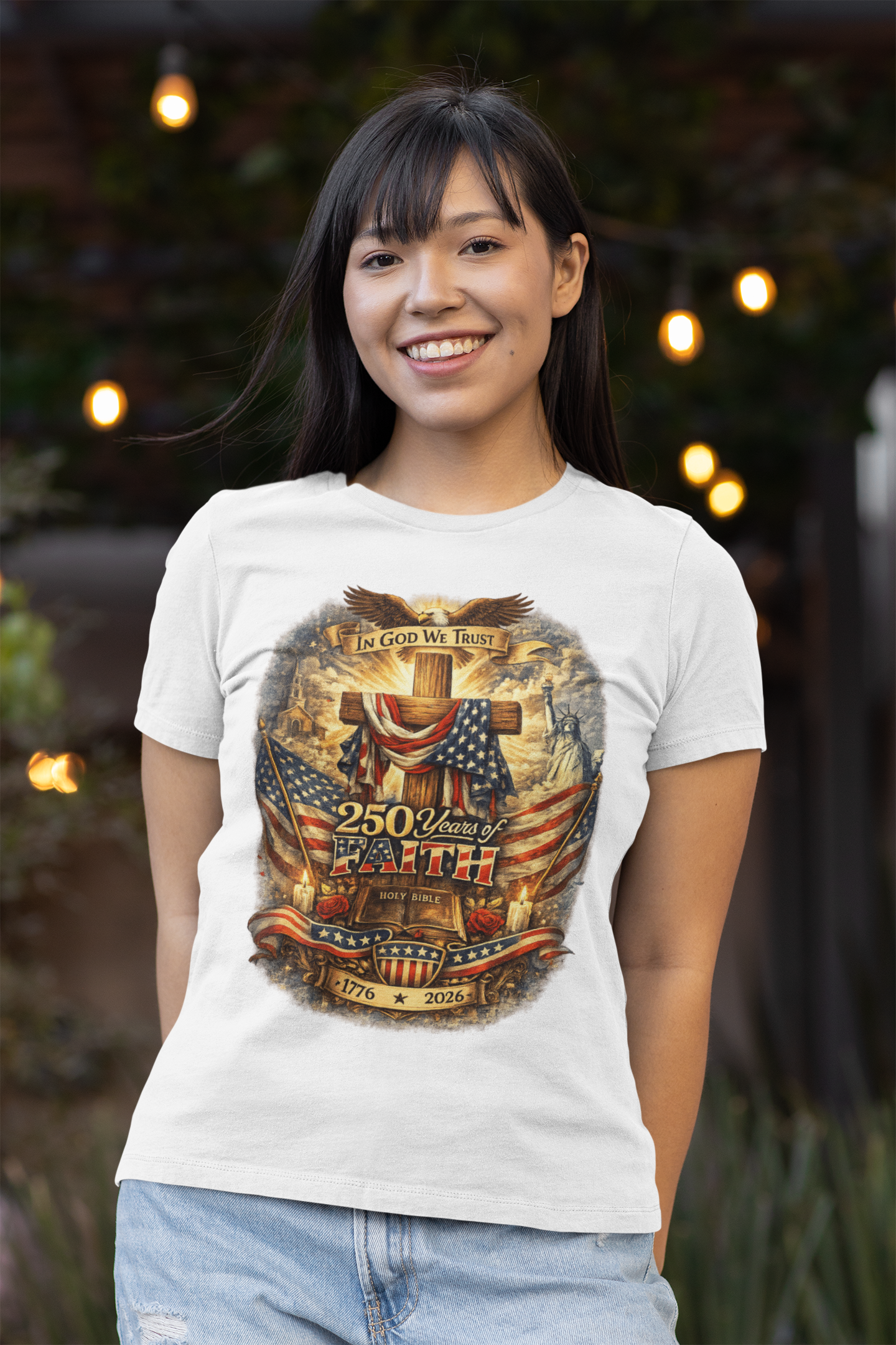 250yrs OF FAITH Fitted Patriotic Christian T-Shirt (S-2XL):  Women's Bella+Canvas 6004 - FREE SHIPPING