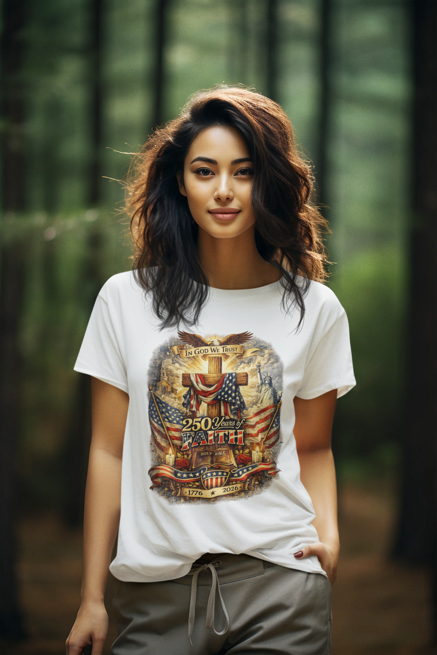 250yrs OF FAITH Semi-Fitted Patriotic Christian T-Shirt (S-3XL):  Women's Gildan 5000L - FREE SHIPPING