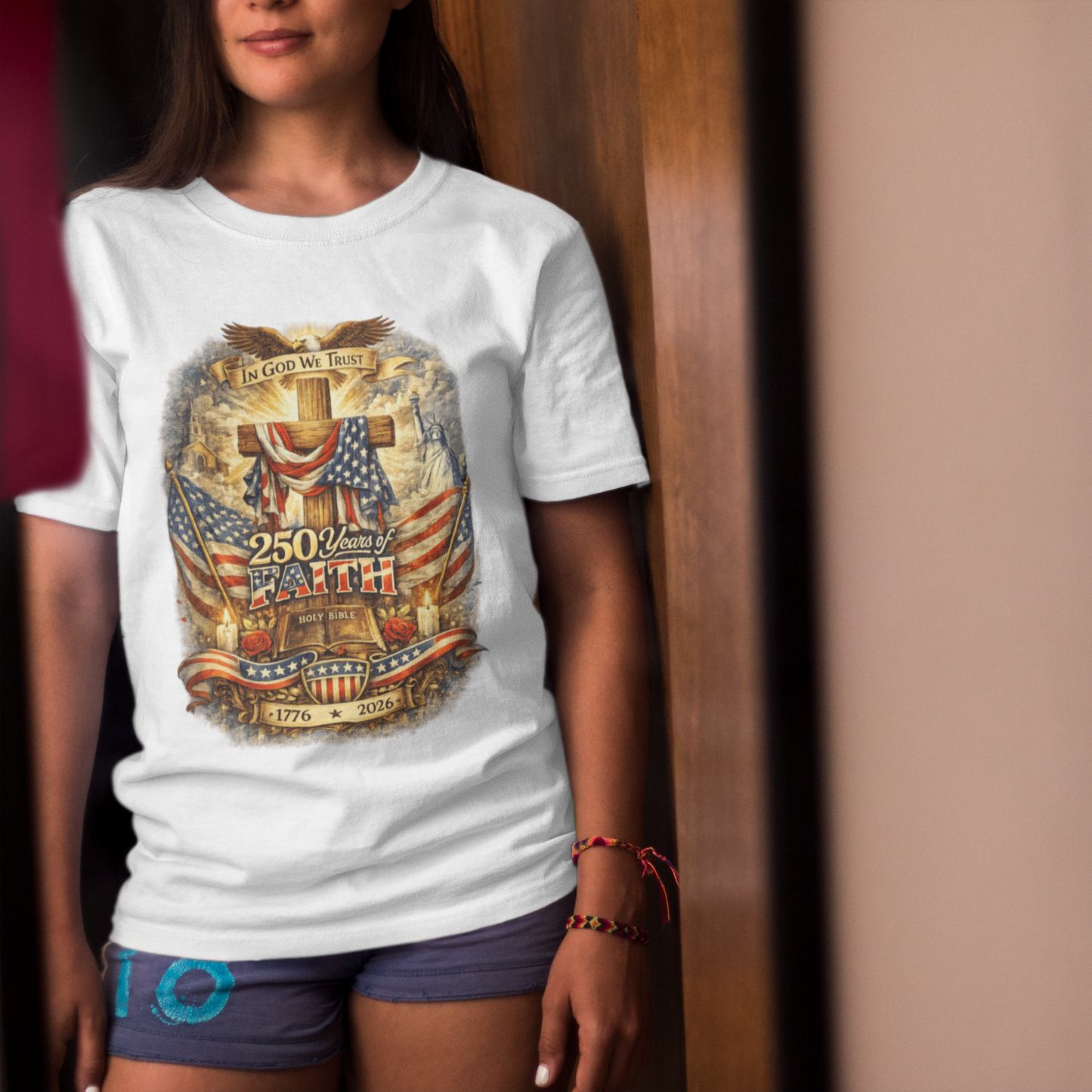 250yrs OF FAITH Classic Patriotic Christian T-Shirt (S-5XL):  Women's Medium Weight Gildan 5000 - FREE SHIPPING