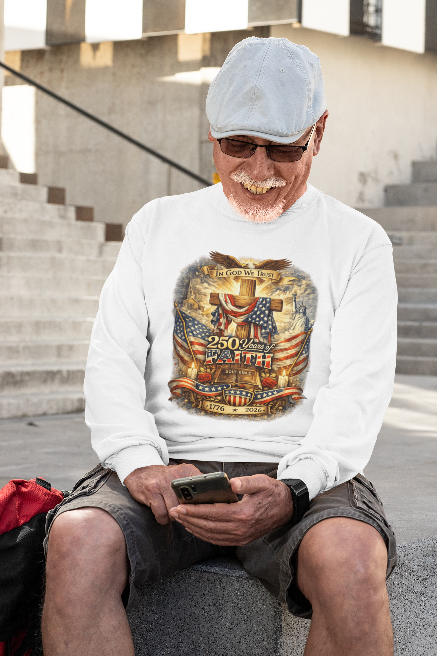 . 250yrs OF FAITH Heavy Weight Patriotic Christian Long Sleeve T-Shirt (S-2XL):  Men's Gildan 2400 - FREE SHIPPING