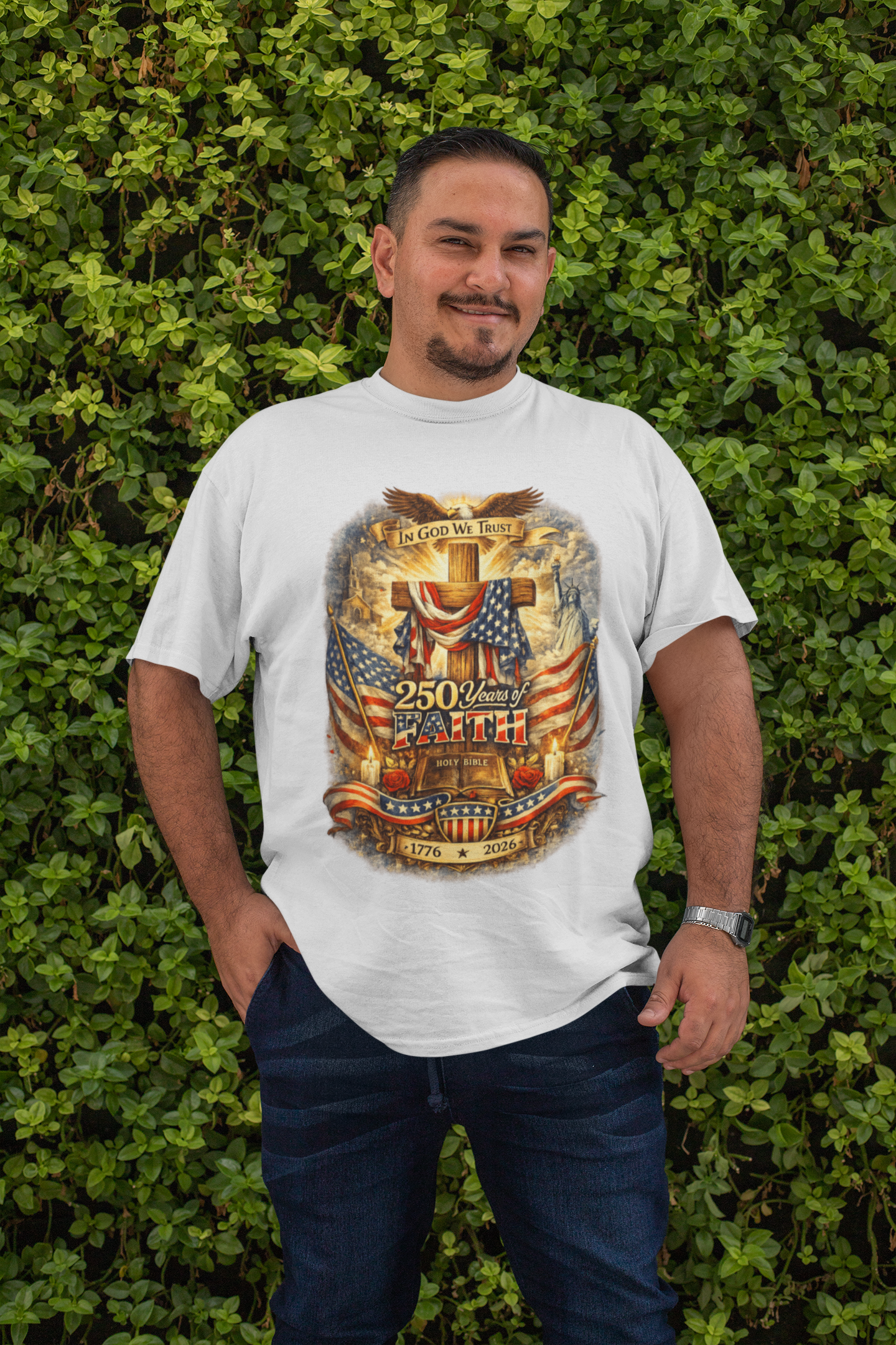. 250yrs OF FAITH Plus Size Heavy Weight Patriotic Christian T-Shirt (S-5XL):  Men's Hanes Beefy-T® - FREE SHIPPING