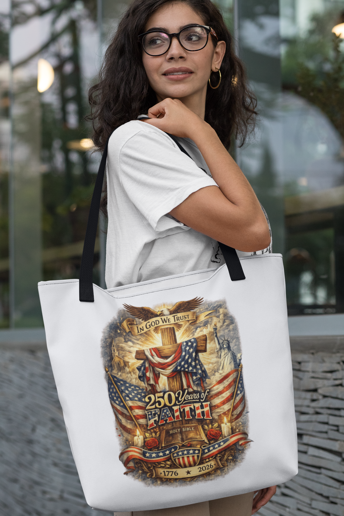 250yrs OF FAITH Patriotic Christian 100% Polyester Tote Bag (3 sizes) - FREE SHIPPING