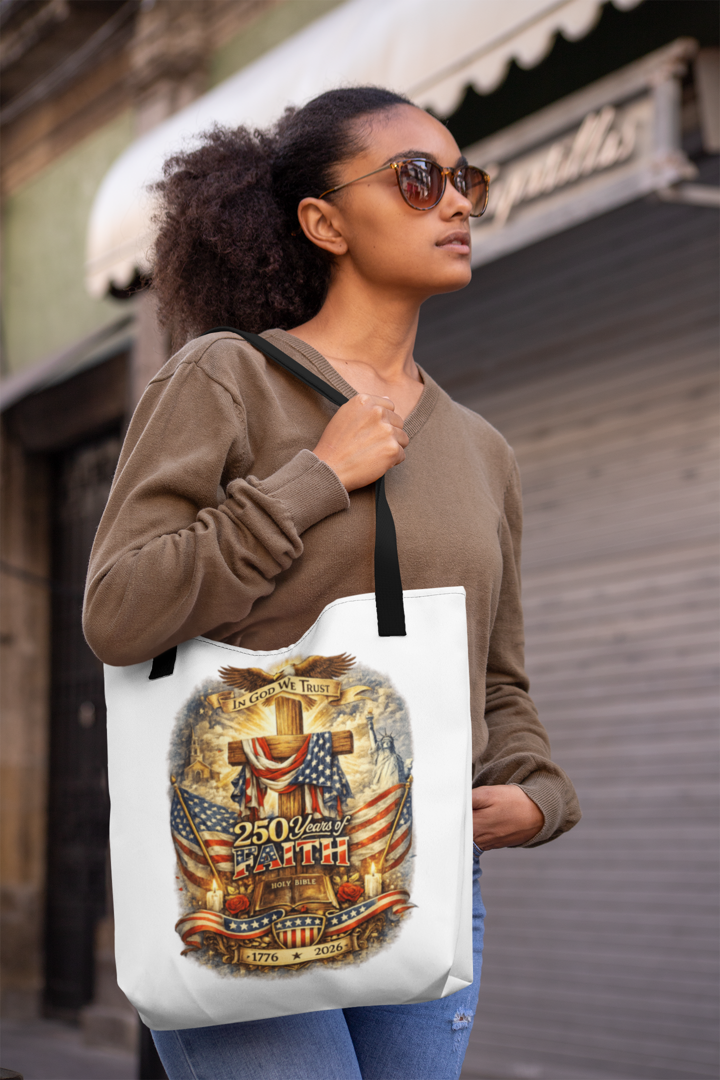 250yrs OF FAITH Patriotic Christian 100% Polyester Tote Bag (3 sizes) - FREE SHIPPING