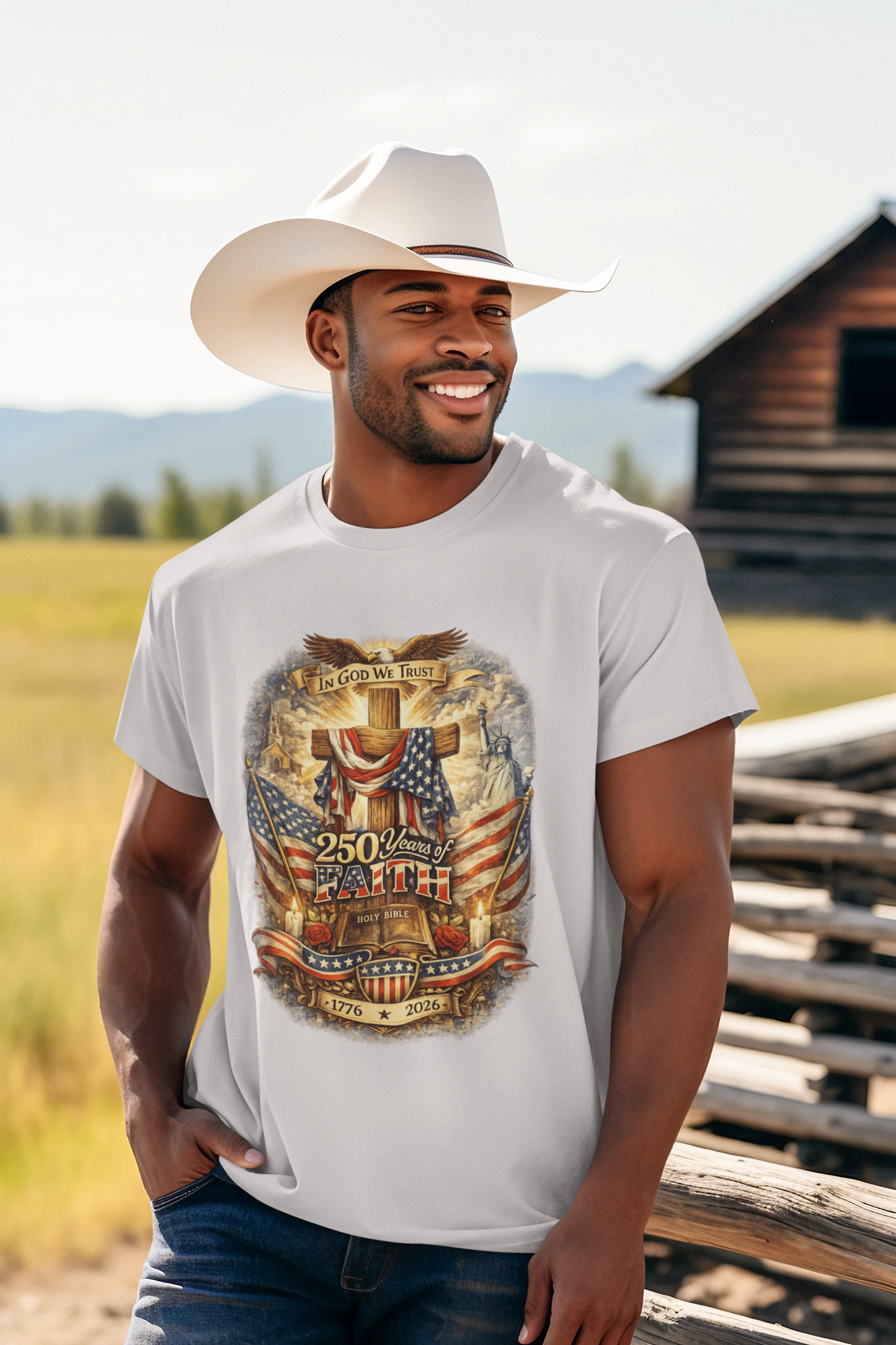 250yrs OF FAITH Patriotic Christian T-Shirt (S-5XL):  Men's Medium Weight Gildan 5000 - FREE SHIPPING
