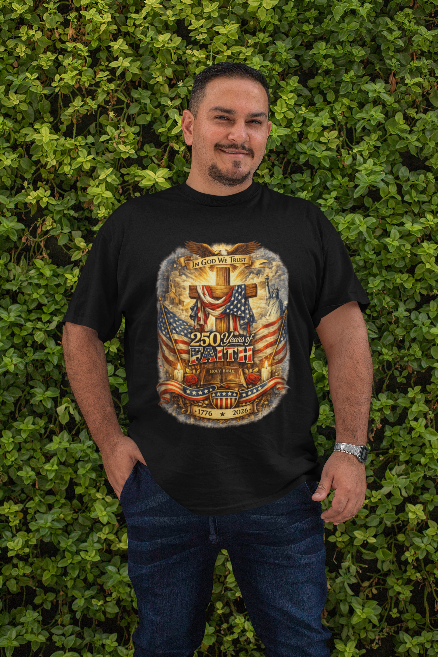 . 250yrs OF FAITH Plus Size Heavy Weight Patriotic Christian T-Shirt (S-5XL):  Men's Hanes Beefy-T® - FREE SHIPPING