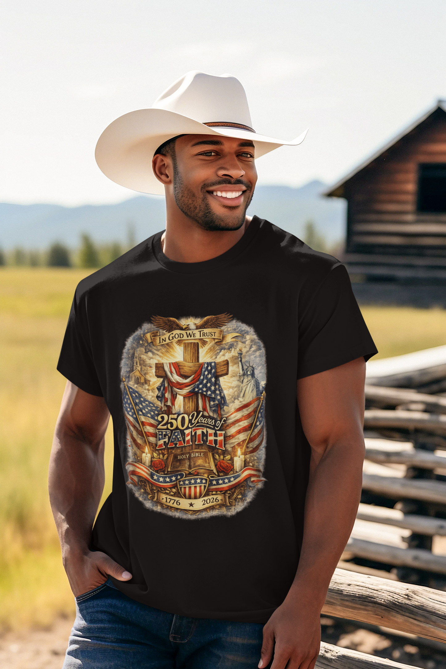 250yrs OF FAITH Patriotic Christian T-Shirt (S-5XL):  Men's Medium Weight Gildan 5000 - FREE SHIPPING