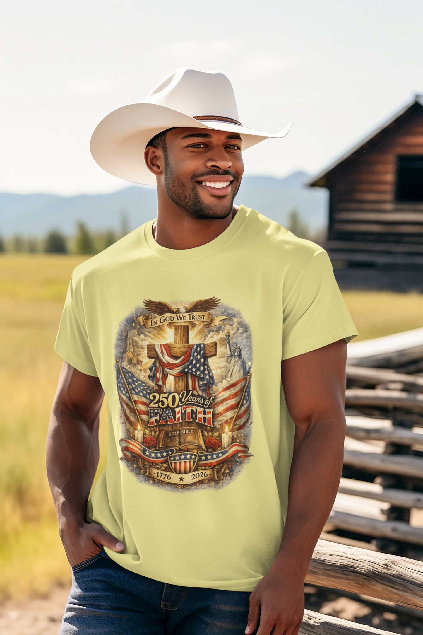 250yrs OF FAITH Patriotic Christian T-Shirt (S-5XL):  Men's Medium Weight Gildan 5000 - FREE SHIPPING
