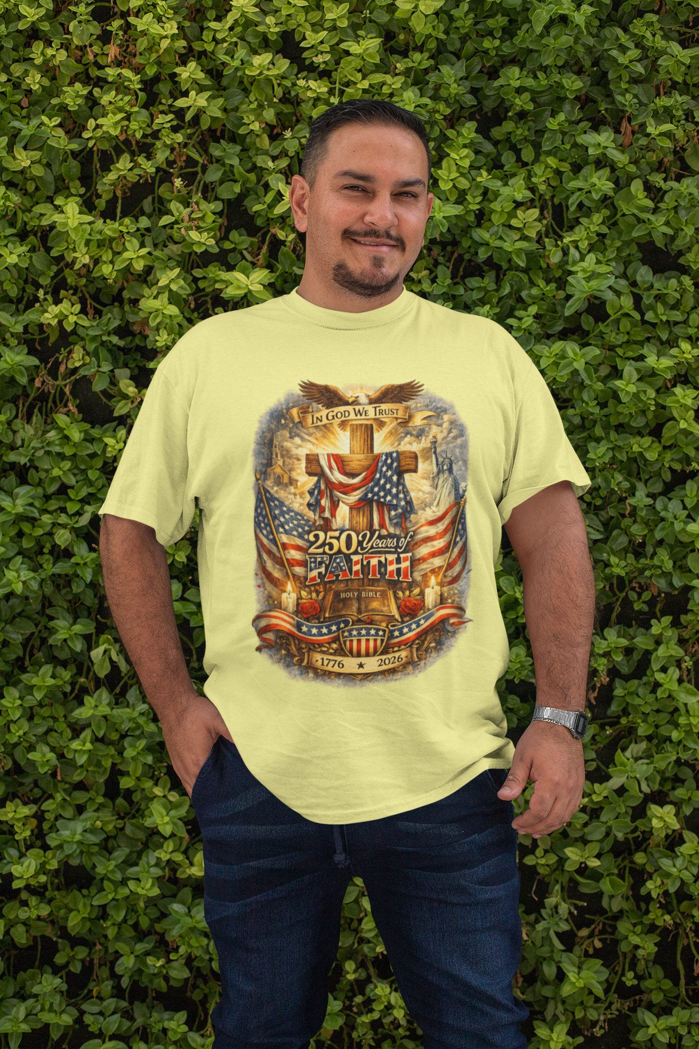 . 250yrs OF FAITH Plus Size Heavy Weight Patriotic Christian T-Shirt (S-5XL):  Men's Hanes Beefy-T® - FREE SHIPPING