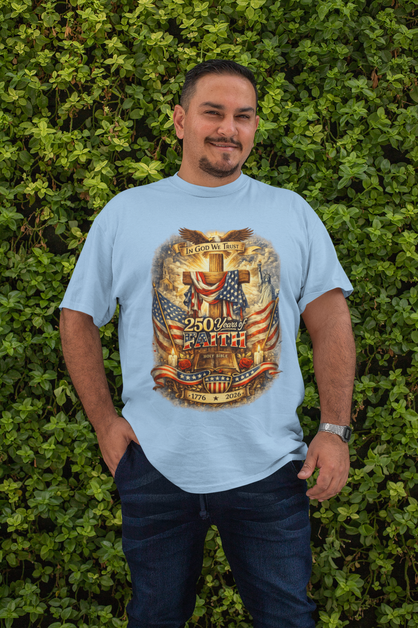 . 250yrs OF FAITH Plus Size Heavy Weight Patriotic Christian T-Shirt (S-5XL):  Men's Hanes Beefy-T® - FREE SHIPPING
