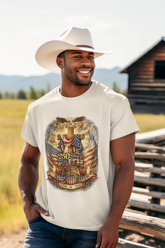 250yrs OF FAITH Patriotic Christian T-Shirt (S-5XL): Men's Medium Weight Gildan 5000 - FREE SHIPPING