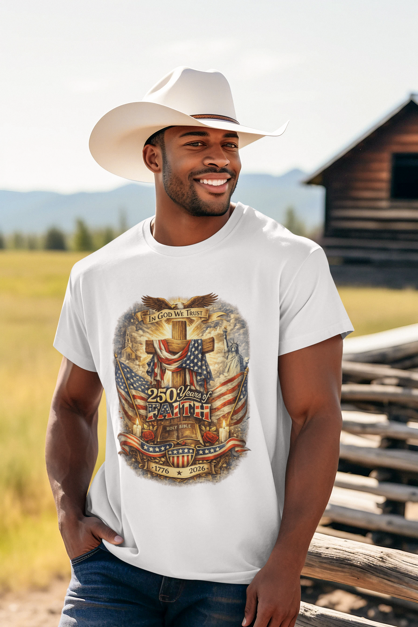250yrs OF FAITH Patriotic Christian T-Shirt (S-5XL):  Men's Medium Weight Gildan 5000 - FREE SHIPPING