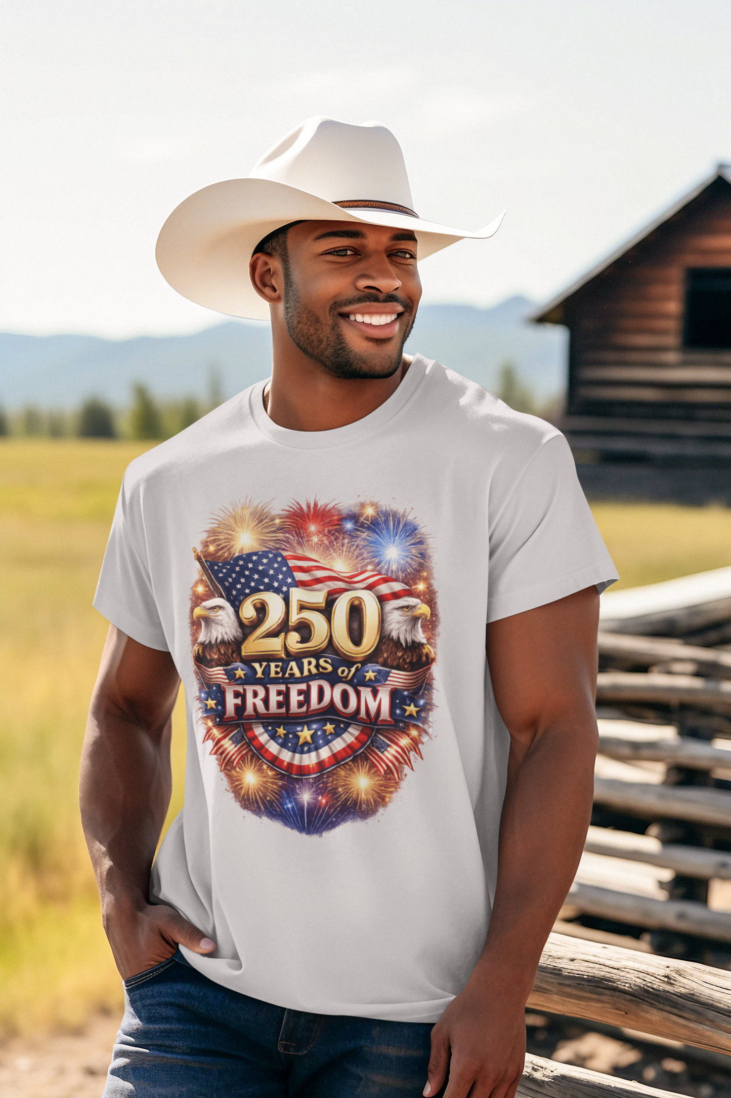 250yrs OF FREEDOM Patriotic T-Shirt (S-5XL):  Men's Medium Weight Gildan 5000 - FREE SHIPPING