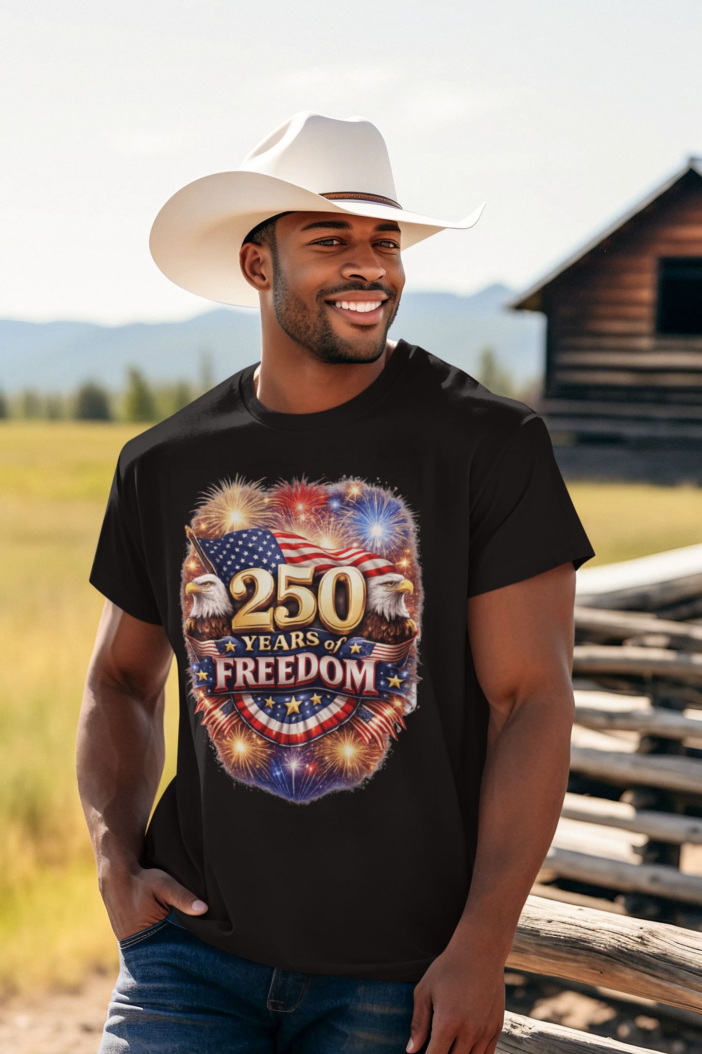 250yrs OF FREEDOM Patriotic T-Shirt (S-5XL):  Men's Medium Weight Gildan 5000 - FREE SHIPPING