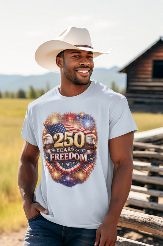 250yrs OF FREEDOM Patriotic T-Shirt (S-5XL):  Men's Medium Weight Gildan 5000 - FREE SHIPPING