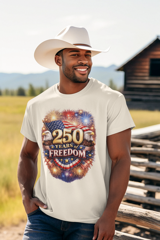 250yrs OF FREEDOM Patriotic T-Shirt (S-5XL):  Men's Medium Weight Gildan 5000 - FREE SHIPPING