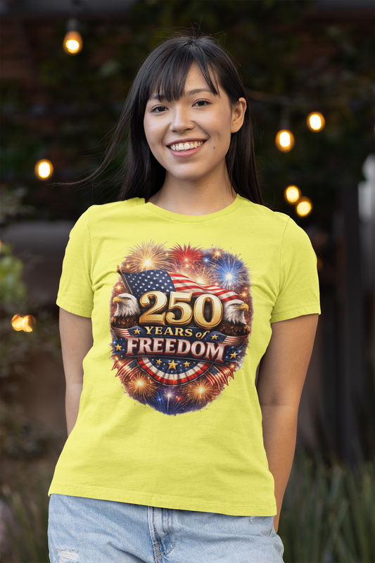 250yrs OF FREEDOM Fitted Patriotic Christian T-Shirt (S-2XL):  Women's Bella+Canvas 6004 - FREE SHIPPING
