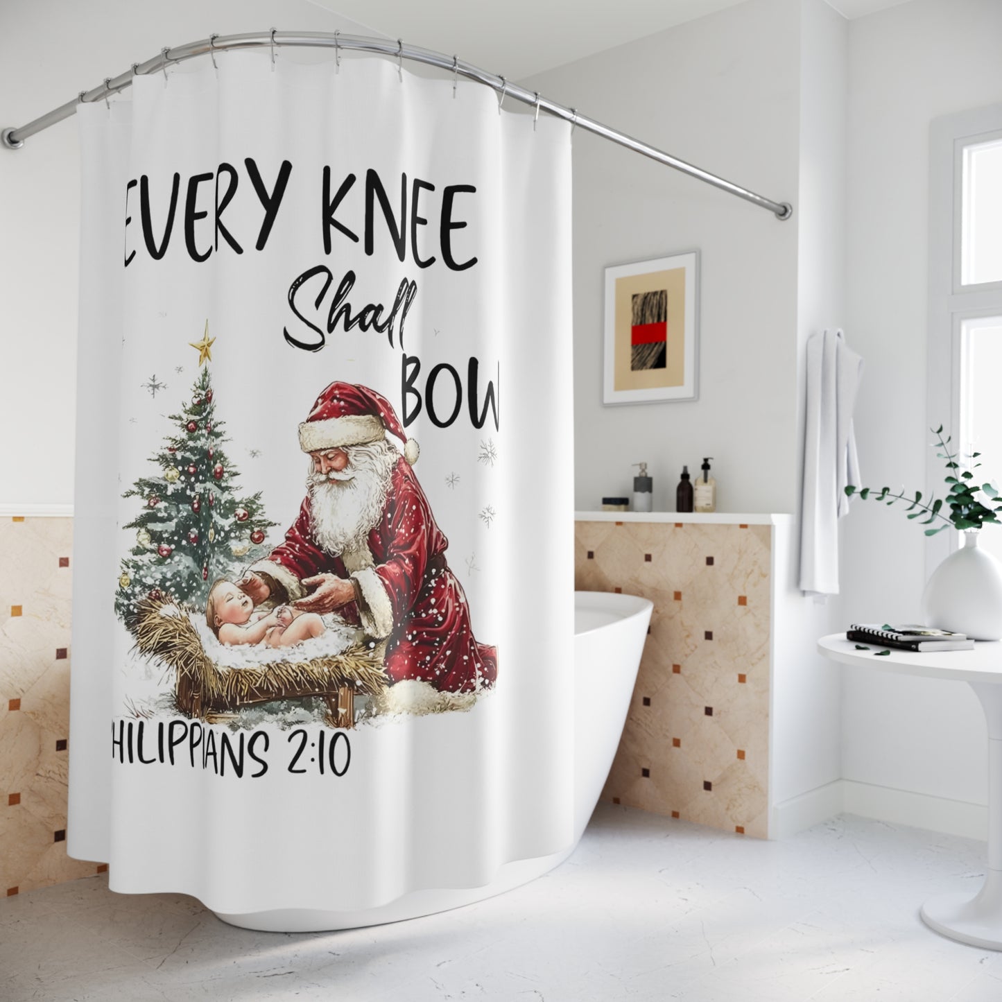 EVERY KNEE Shall BOW:  100% Polyester Christmas Shower Curtain