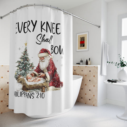 EVERY KNEE Shall BOW:  100% Polyester Christmas Shower Curtain