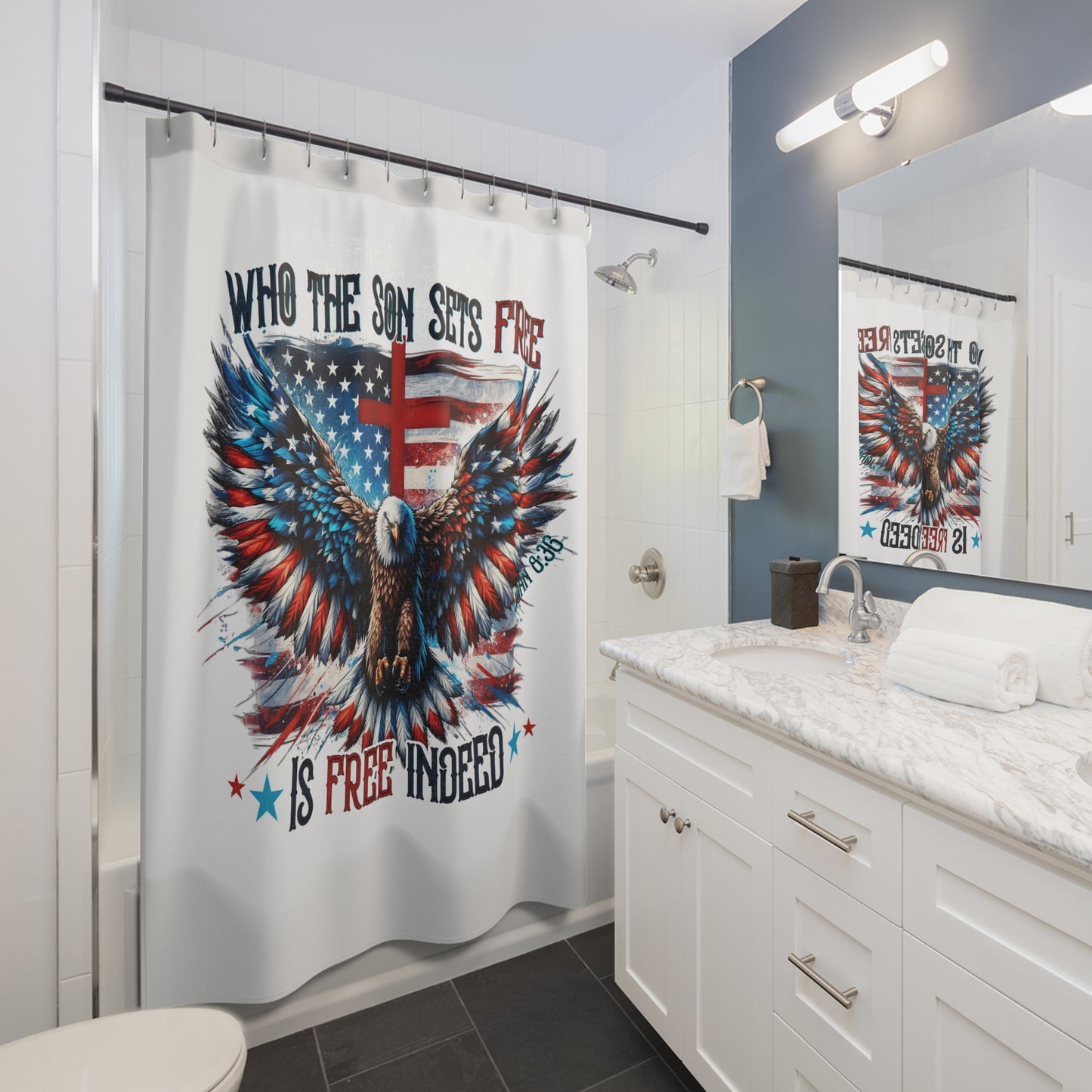 FREE INDEED:  100% Polyester Patriotic Christian Shower Curtain - FREE SHIPPING