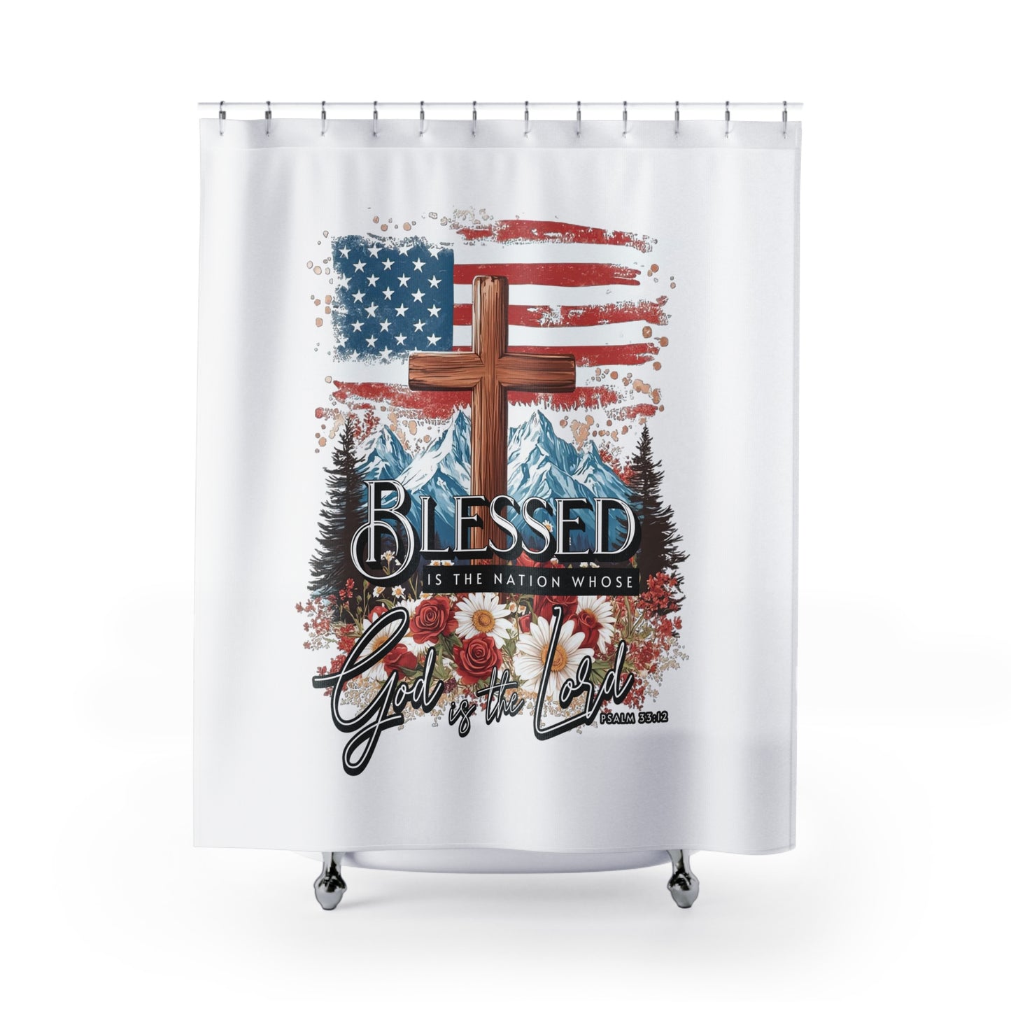 BLESSED IS THE NATION:  100% Polyester Patriotic Christian Shower Curtain - FREE SHIPPING