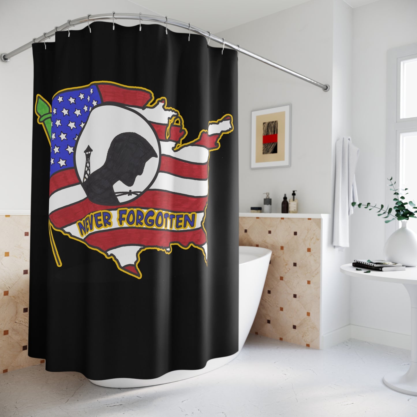 NEVER FORGOTTEN:  100% Polyester Patriotic Military Shower Curtain - FREE SHIPPING