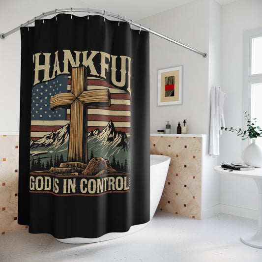 GOD IS IN CONTROL:  100% Polyester Patriotic Christian Shower Curtain - FREE SHIPPING