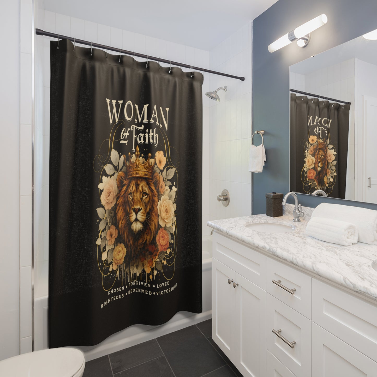 WOMAN OF FAITH:  100% Polyester Christian Shower Curtain - FREE SHIPPING