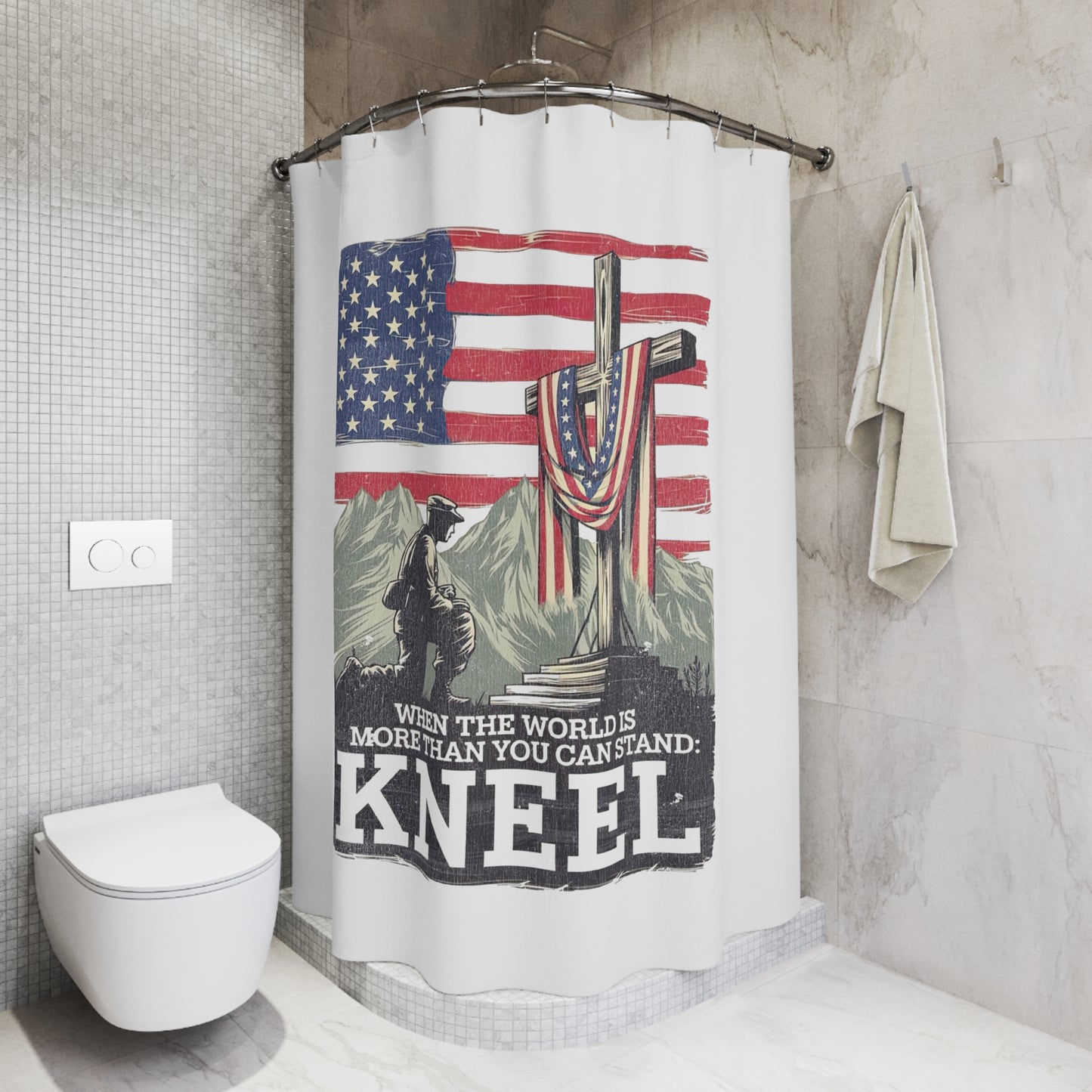 JUST KNEEL:  100% Polyester Patriotic Christian Shower Curtain - FREE SHIPPING